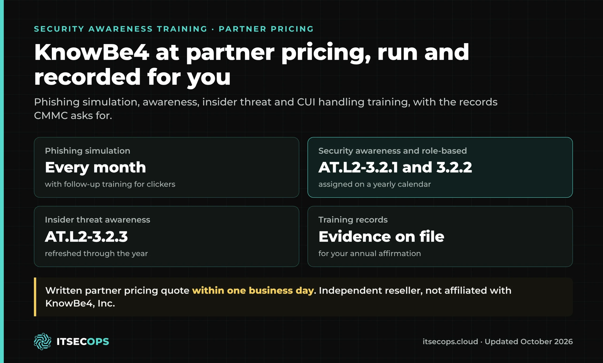 KnowBe4 security awareness training at partner pricing: phishing simulation, awareness training, insider threat awareness and training records for CMMC