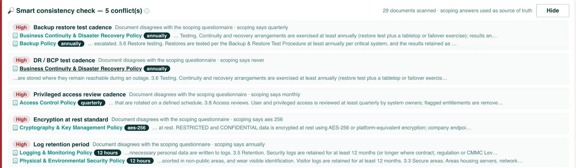 Smart consistency check listing five conflicts between policies and scoping answers
