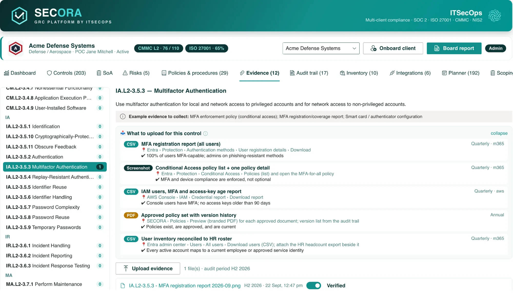 SECORA evidence recipes: exact report, format and menu path per control