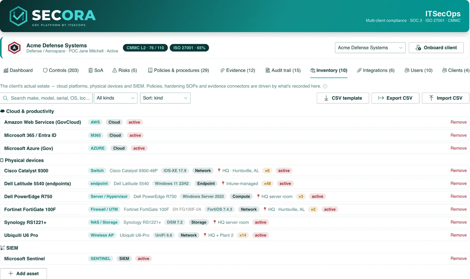 Inventory of cloud platforms, devices and SIEM