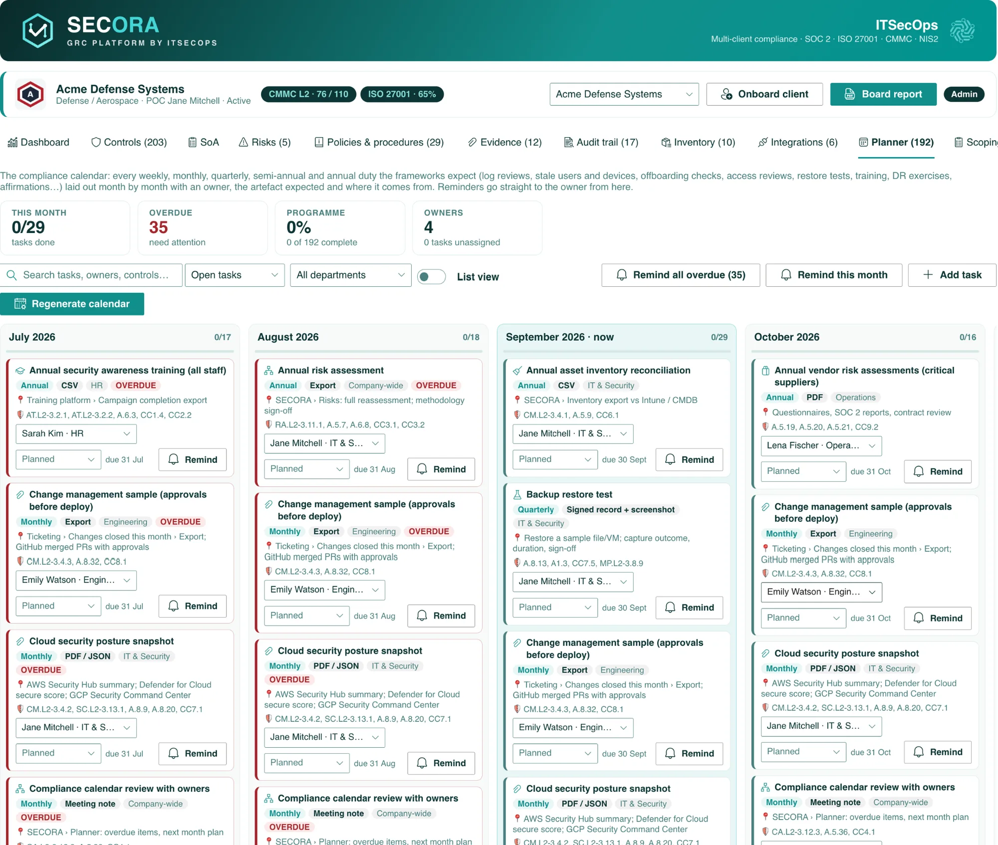 SECORA compliance calendar with owners and reminders