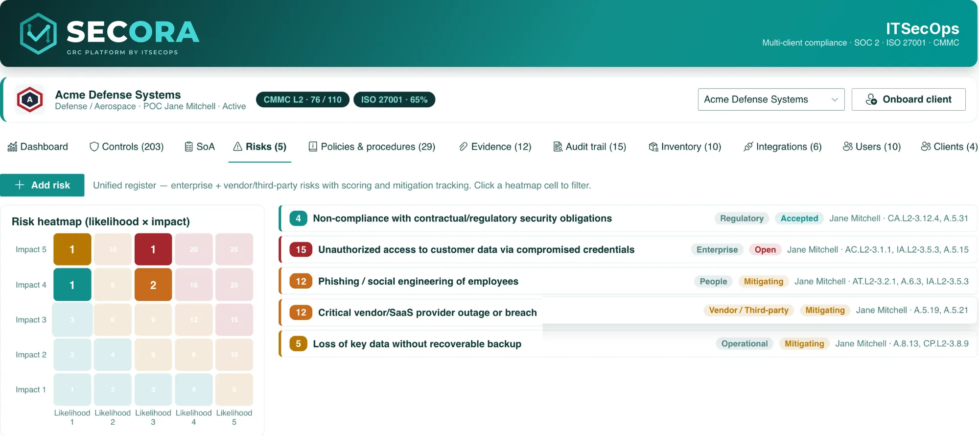 Risk register with heatmap and scored risks