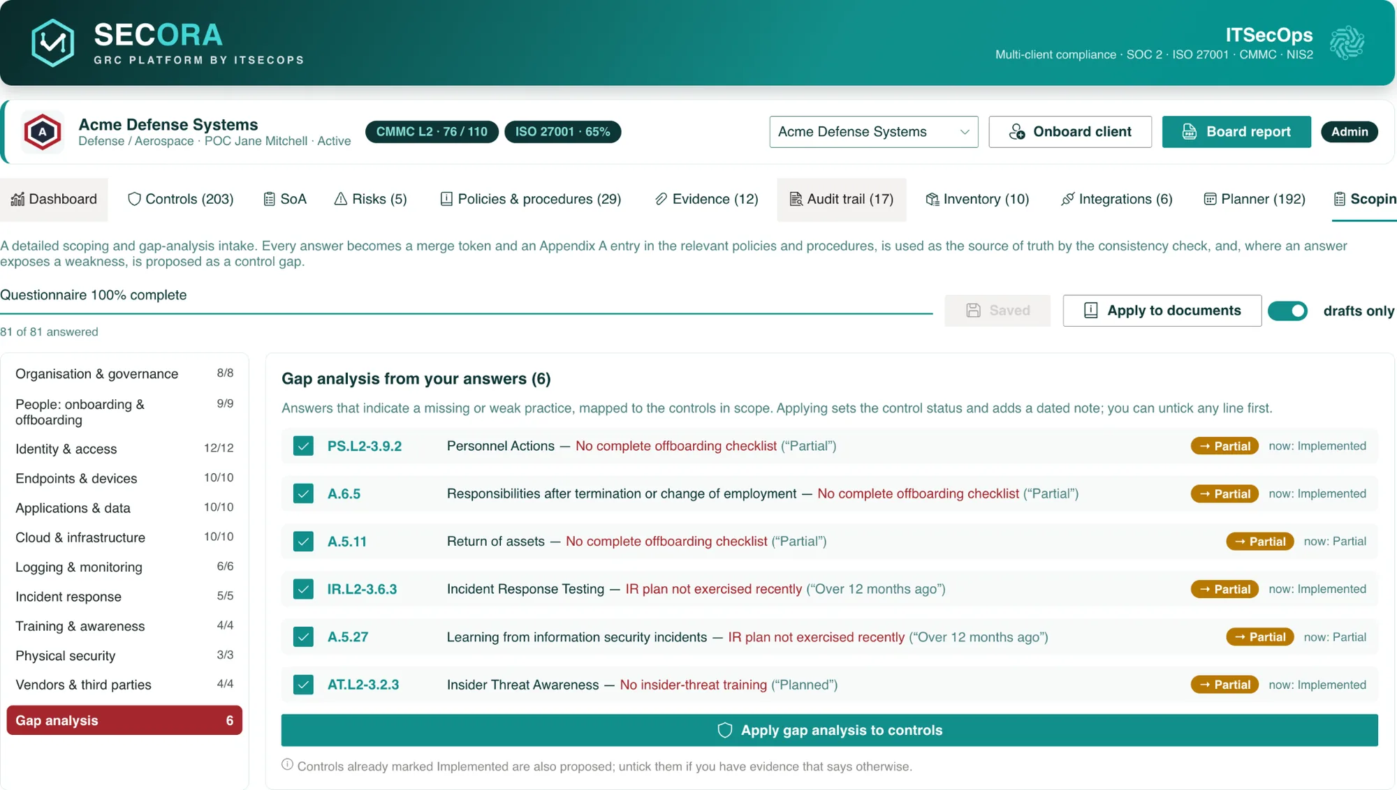 Scoping questionnaire with gap analysis from your answers