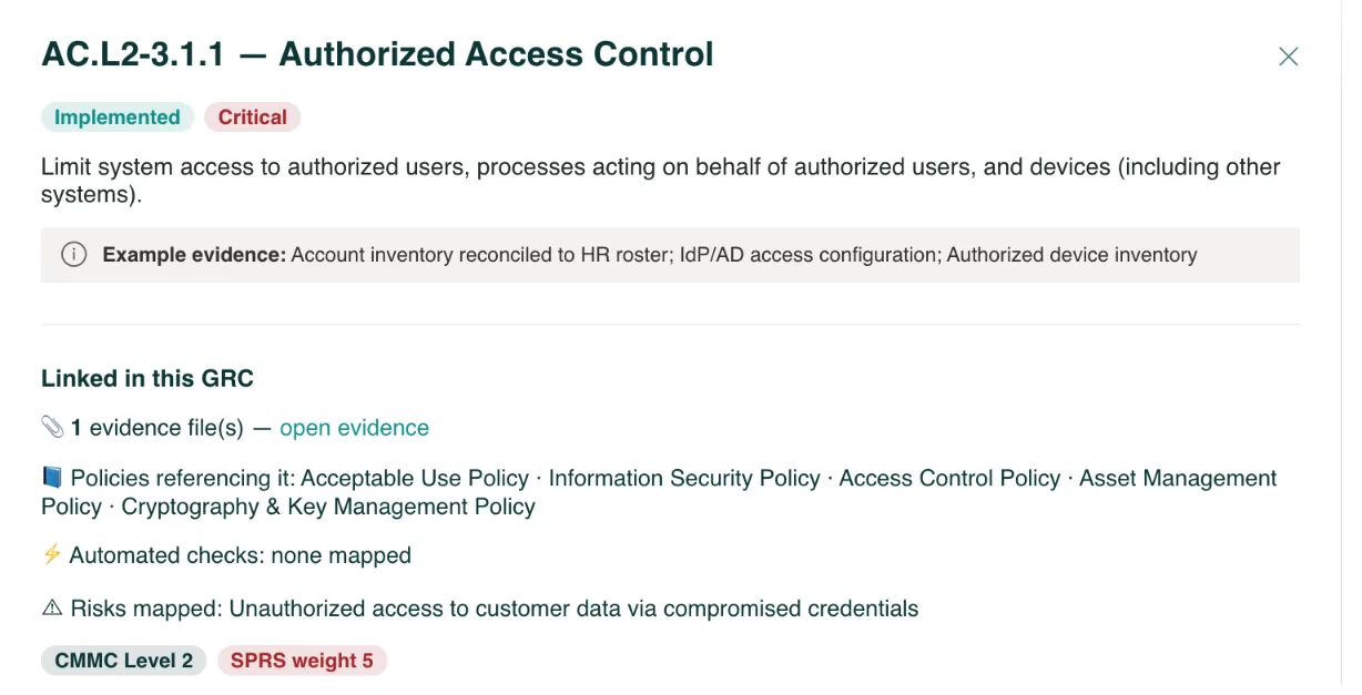 Control detail panel with linked policies, evidence, checks and risks