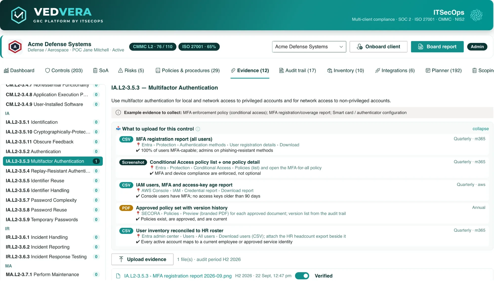 VEDVERA evidence recipes: exact report, format and menu path per control